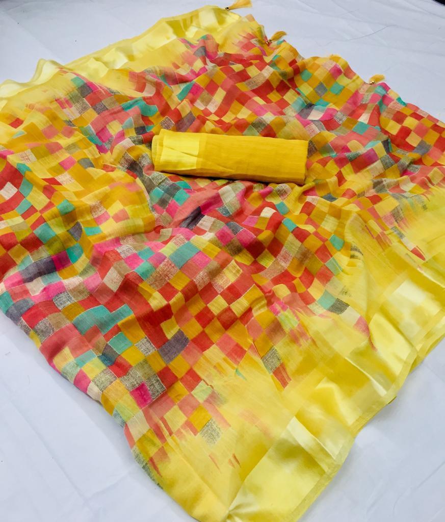 Mix Print Soft Linen Sarees