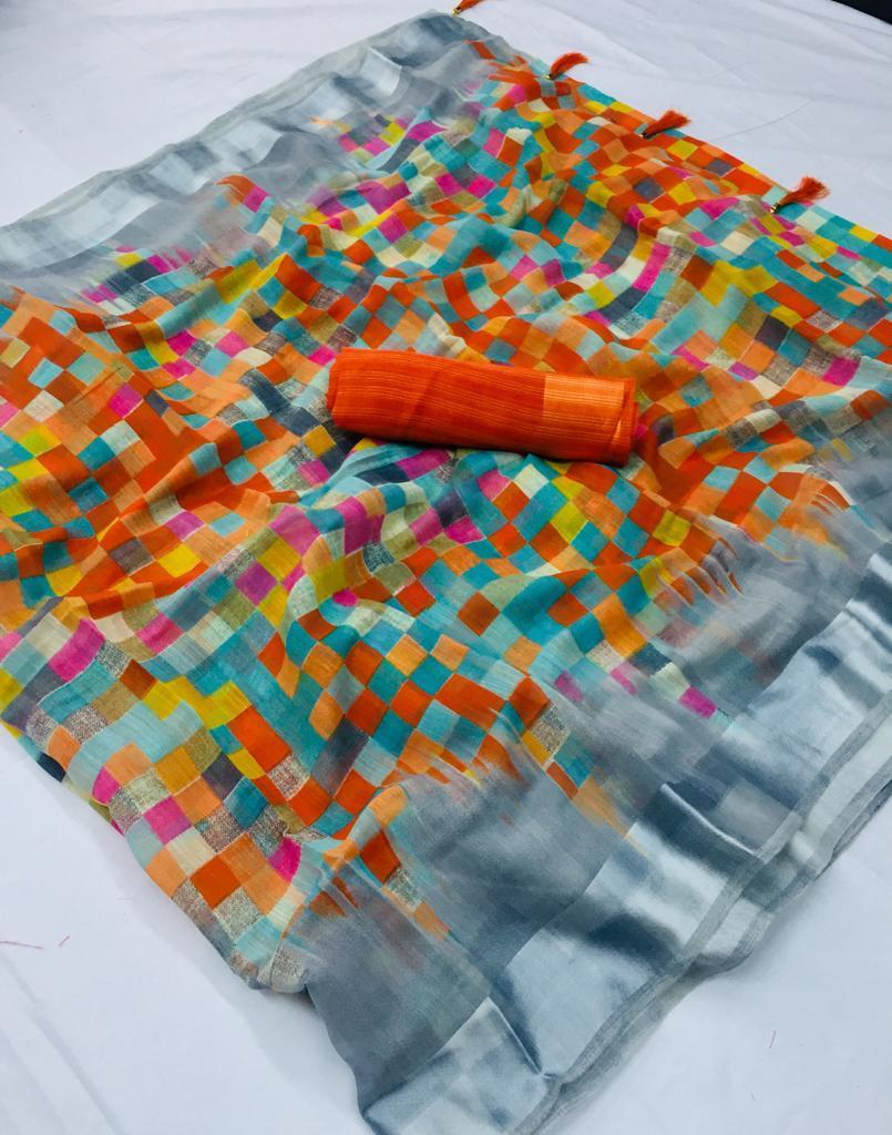 Mix Print Soft Linen Sarees