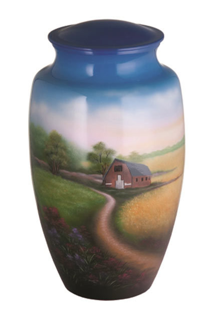 Blue & Green Mountain Scene Hand Painted Cremation Urn