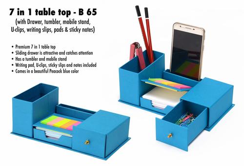 7 In 1 Table Top With Drawer, Tumbler, Mobile Stand, U-clips, Writing Slips, Pads And Sticky Notes - Metal & Plastic, 24x13.5x9 Cm, Peacock Blue | Office Use, Attractive Design, Includes Writing Pad And Accessories