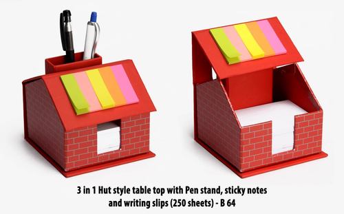 3 In 1 Hut Style Table Top With Pen Stand, Sticky Notes And Writing Slips (250 Sheets) - Plastic Material, 13x13x11 Cm Dimensions, Functional Pen Stand, Charming Bricks Design