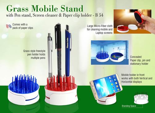 Grass Mobile Stand With Pen Stand, Screen Cleaner & Paper Clip Holder - Metal, 8.5x8.6x6 Cm, Square Shape | Office Use, Compact Design, Versatile Functionality