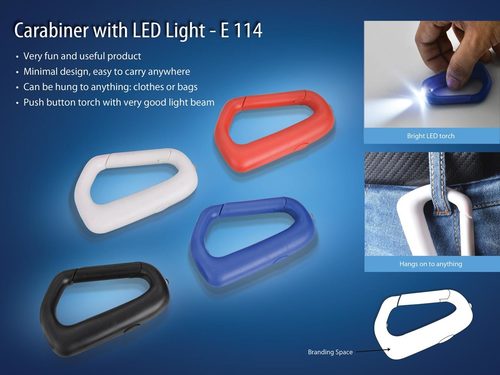 Carabiner With Led Light (With Battery) - Plastic, 7.2x4.5x1 Cm, Black And White | Push Button Torch, Fluorescent Light, Solar Power, Minimal Design
