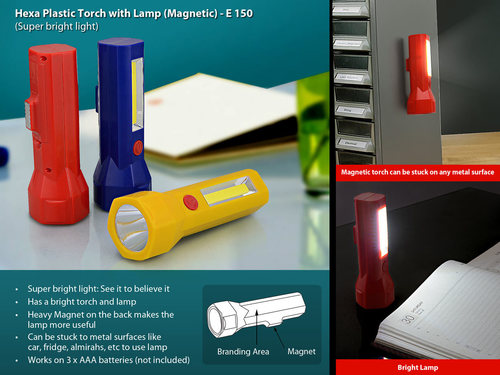 Hexa Plastic Torch With Lamp (Magnetic) - Metal, 14.2 X 5.5 X 5.2 Cm, Red/blue/yellow | Super Bright Light, Heavy Magnet For Metal Surfaces, 3 X Aaa Battery Operated
