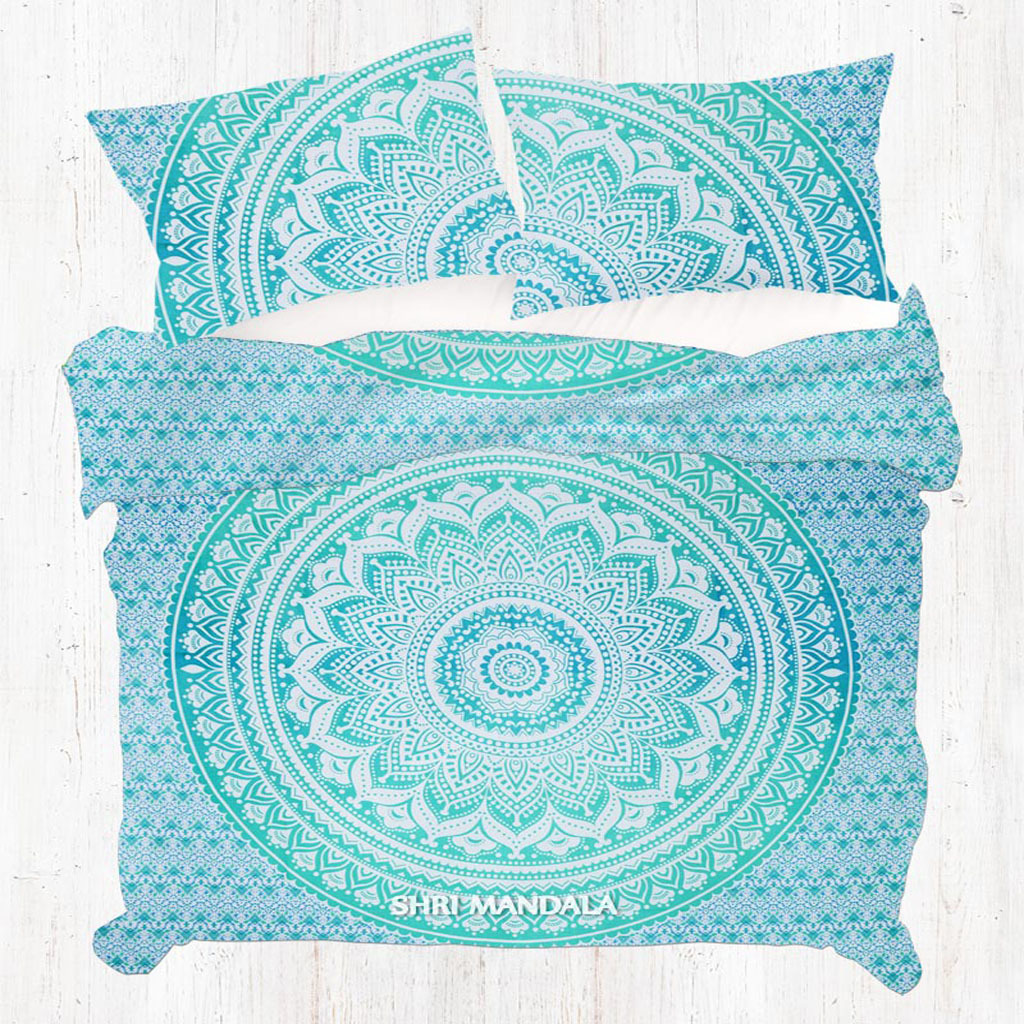 Green Ombre Hippie Mandala Quilt Cover Set Duvet Cover King Size With Pillow Covers Length: 95 Inch (In)