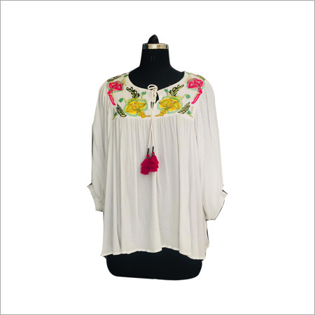 Ladies Fancy Tops - Cotton Fabric, S-XL Size, Ivory White Color - 3/4 Sleeves, Round Neck, Floral Pattern, Eco-Friendly, Wrinkle-Free, Fashionable Embroidery