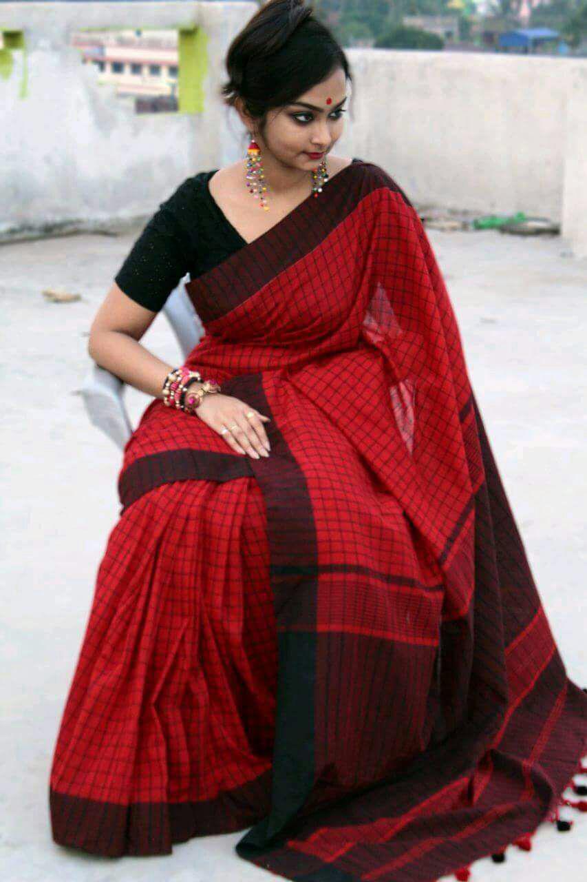 Soft Linen Sarees - Cotton Linen Handloom Block Checked Saree With Beautiful Jhalar In Pallu Blouse, Multi Color For All Seasons