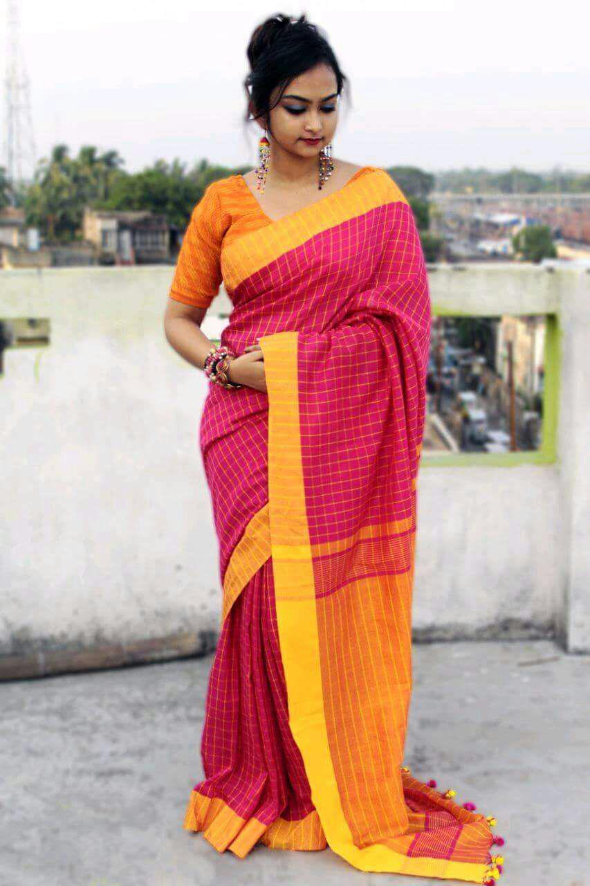 Soft Linen Sarees - Cotton Linen Handloom Block Checked Saree With Beautiful Jhalar In Pallu Blouse, Multi Color For All Seasons