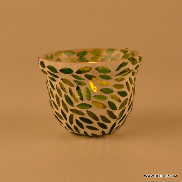 Mosaic Green Tealight Votive Candle Holder Handmade - Glass & Metal 12-48 Pcs Moq | Luxurious Antique Imitation Design Meticulous Workmanship