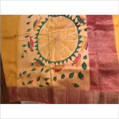 महिलाओं के डिज़ाइनर शुद्ध तसर हैंड पेंटेड साड़ी