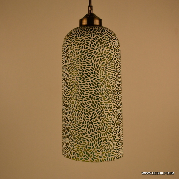 Cylinder Shaped Green & White Mosaic Glass Tealight Votive Candle Holder - Design: Modern Art