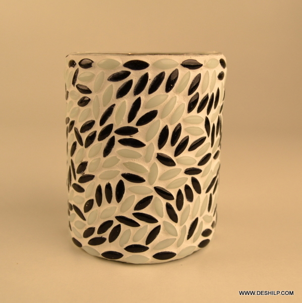 Professional Decorative Glass Black & White Mosaic Candle Votive Holder