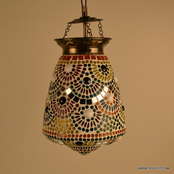 Mosaic Glass & Metal Pendant Light - 5x10 To 7x12 Inches , Multicolor Finish With Traditional Round Shape, Handmade Craftsmanship, Polished Technics