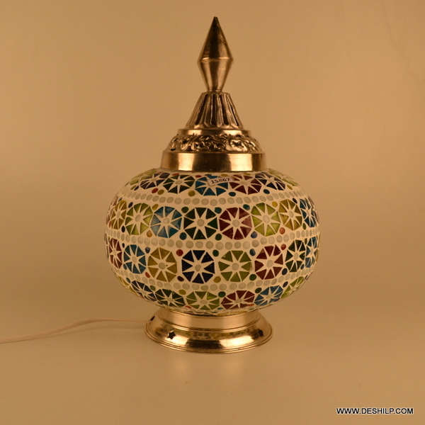 Mosaic Glass Table Lamp - Multicolored Round Design, Handmade Polished Finish | Ideal For Indoor & Outdoor Decor, Traditional Style, 3.5x8 - 4.5x9 Inch
