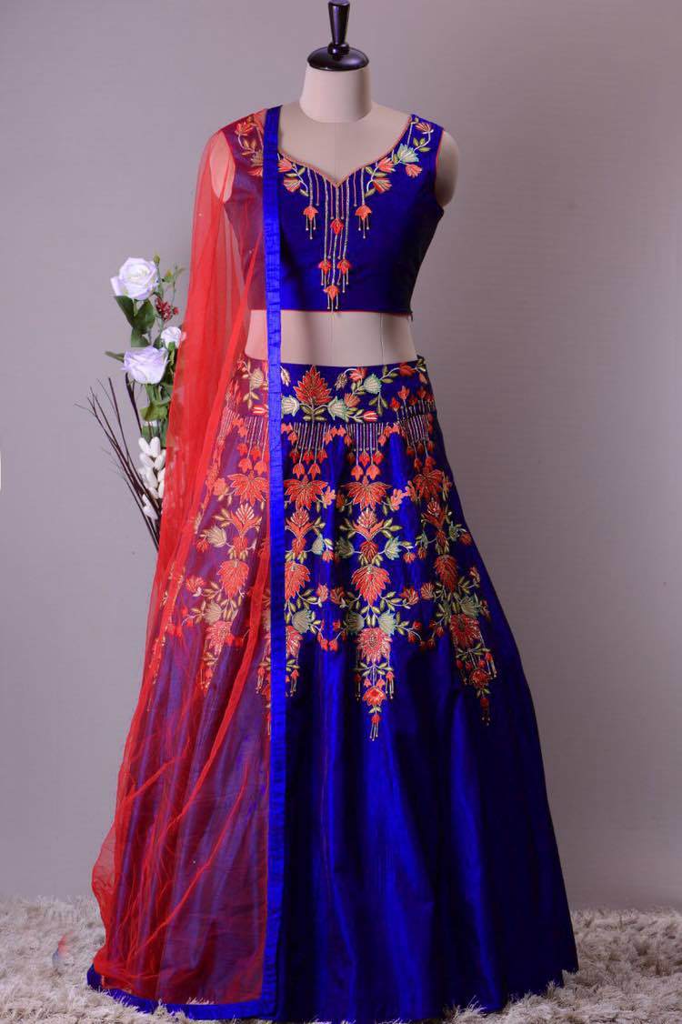 A Designer Heavy Embroidered And Handwork Bride Mulbarry Lehenga