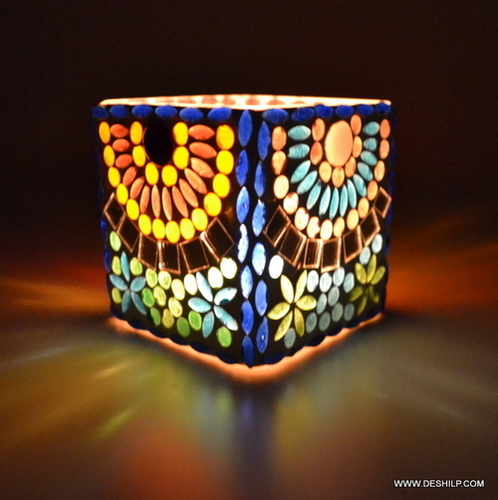 Antique Squire Glass Mosaic Candle Votive - Handmade Glass & Metal, 4x4 inches, Intricate Polished Finish | Elegant Antique Imitation, Perfect for Home, Hotel, Wedding, and Holiday Decorations