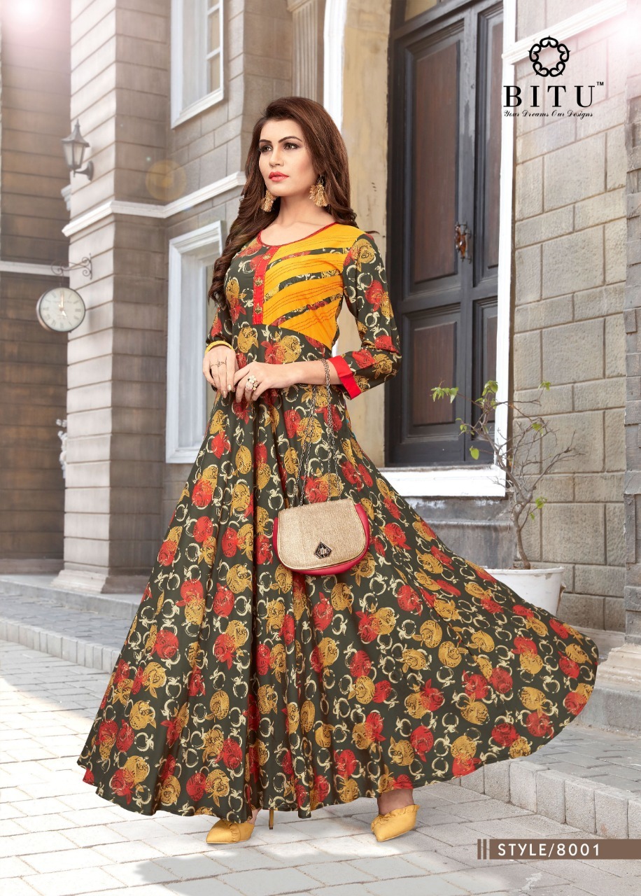 Printed Bitu Long Designer Rayon Kurtis