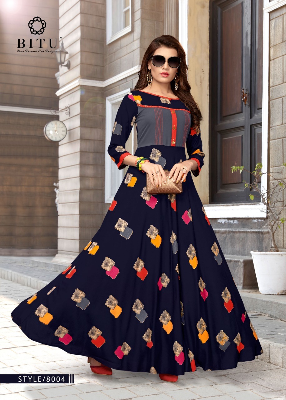 Printed Bitu Long Designer Rayon Kurtis