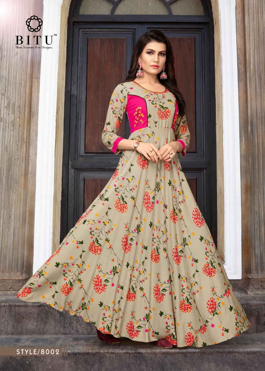 Printed Bitu Long Designer Rayon Kurtis