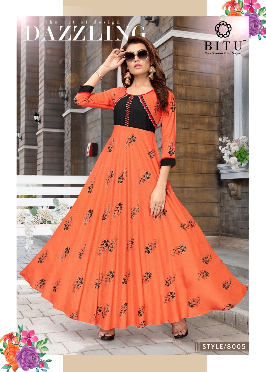 Printed Bitu Long Designer Rayon Kurtis