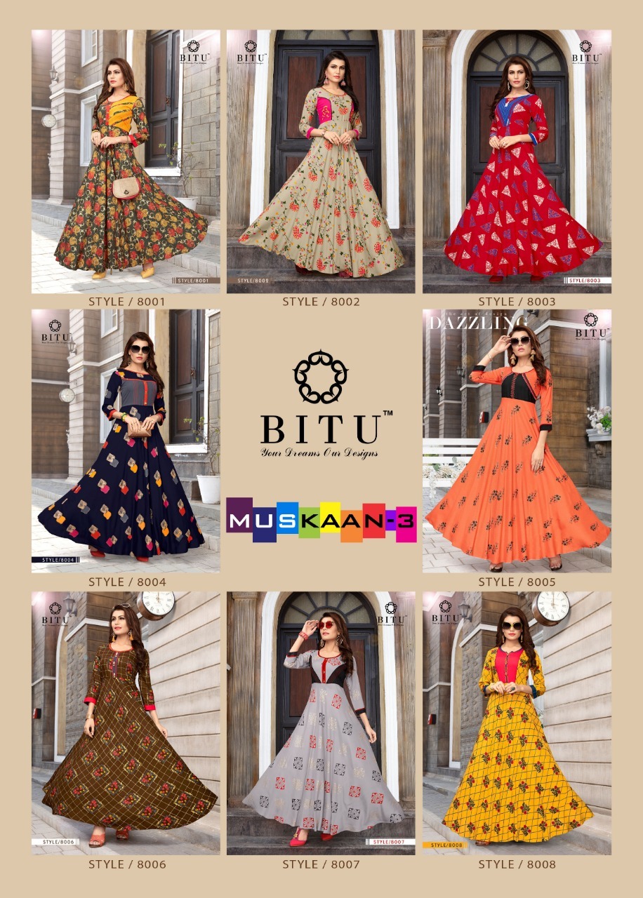 Printed Bitu Long Designer Rayon Kurtis