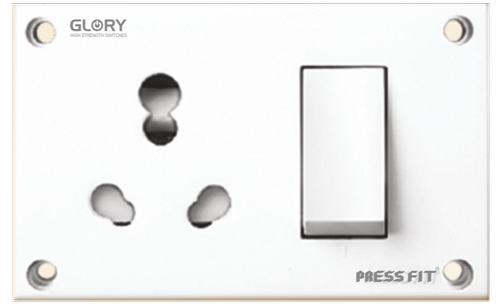 Pressfit Glory 3-in-1 Combined Universal Socket - 16 Amp. Plastic Construction | White Color, ISI Marked, Socket With Shutter