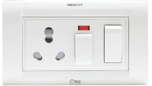 Pressfit One Modular Switch Socket - Plastic, 6/16 Amp | White & Grey, LED Indicator with Shutter Lock