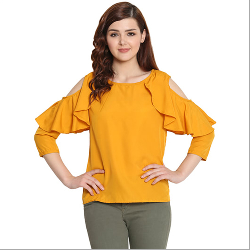 Ladies Casual Top with Ruffle Cold Shoulder Sleeves - 100% Pure Crepe, Size: XS-XXXL, Length: 24-27 Inch | Breathable, Quick Dry, Regular Fit, Bell Sleeves, All Season Wear