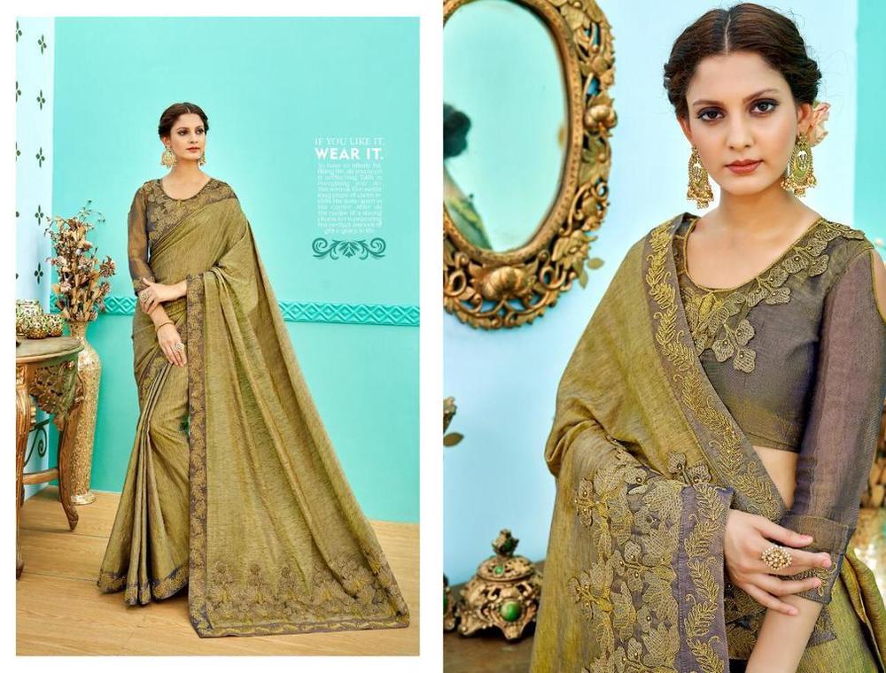 Green And Gray Fancy Embroidery Work Sarees
