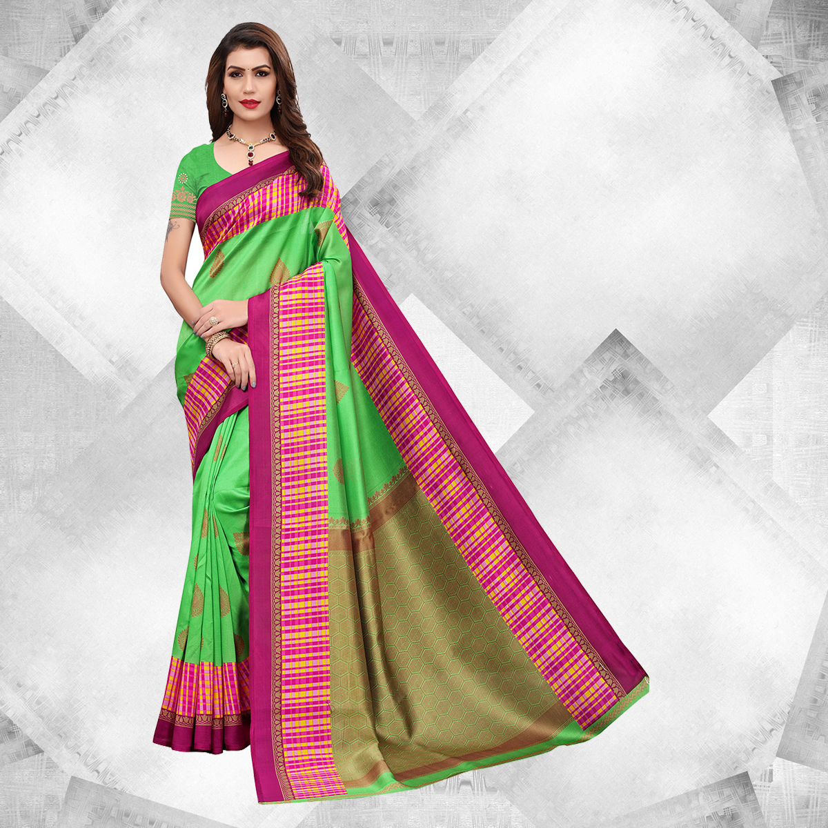 Abstract Printed Mysore Silk Saree - Art Silk Fabric, Matching Blouse Piece | Elegant Printed Pattern