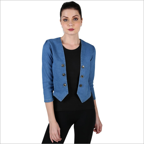 Ladies Denim Jacket - Denim Material, Size S-XL, Blue Color | Stylish Three Quarter Sleeves, Button Closure, Eye-Catchy Design