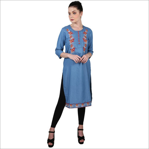 Ladies Fine Embroidery Denim Kurti