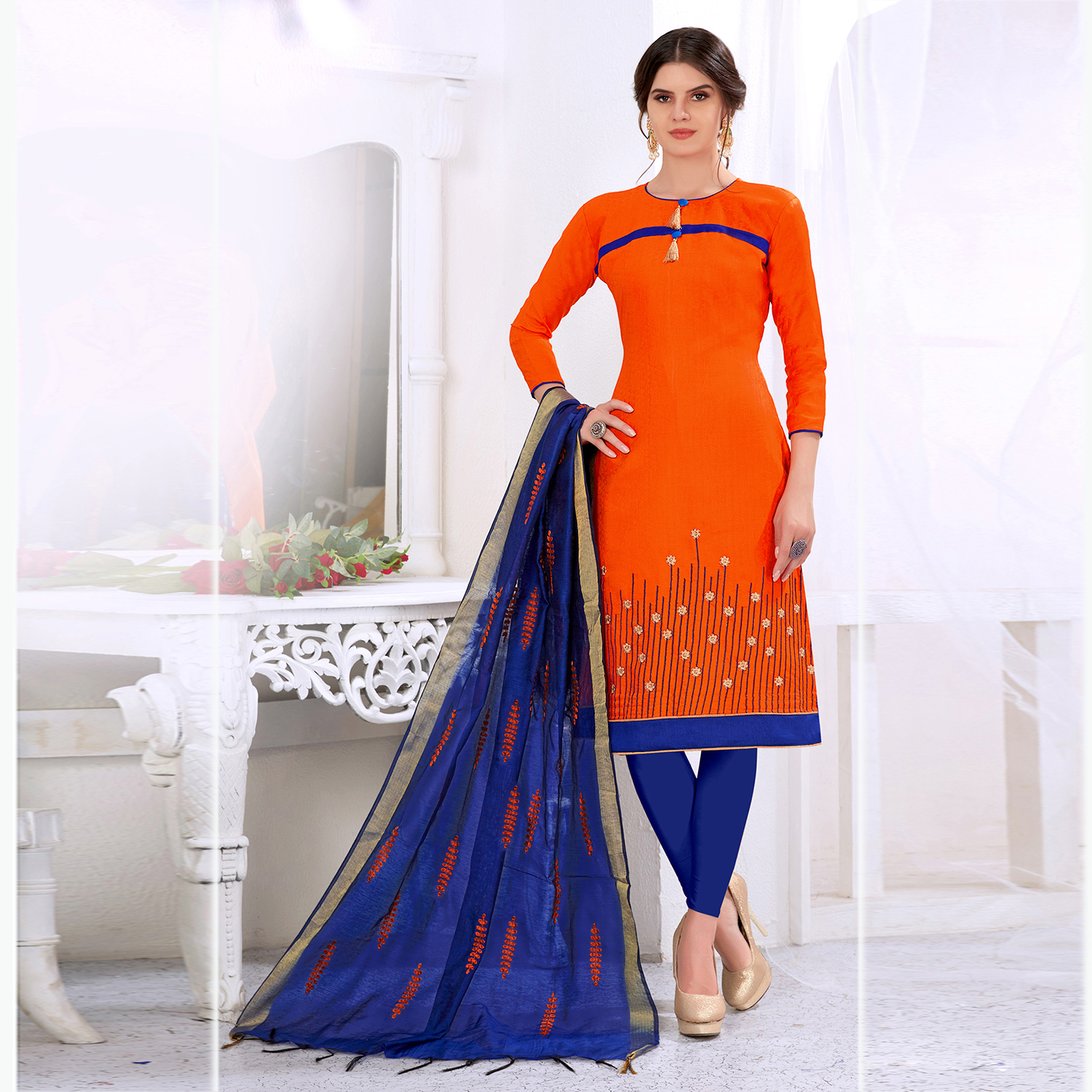 Green And Peach Embroidered Women Dress Material