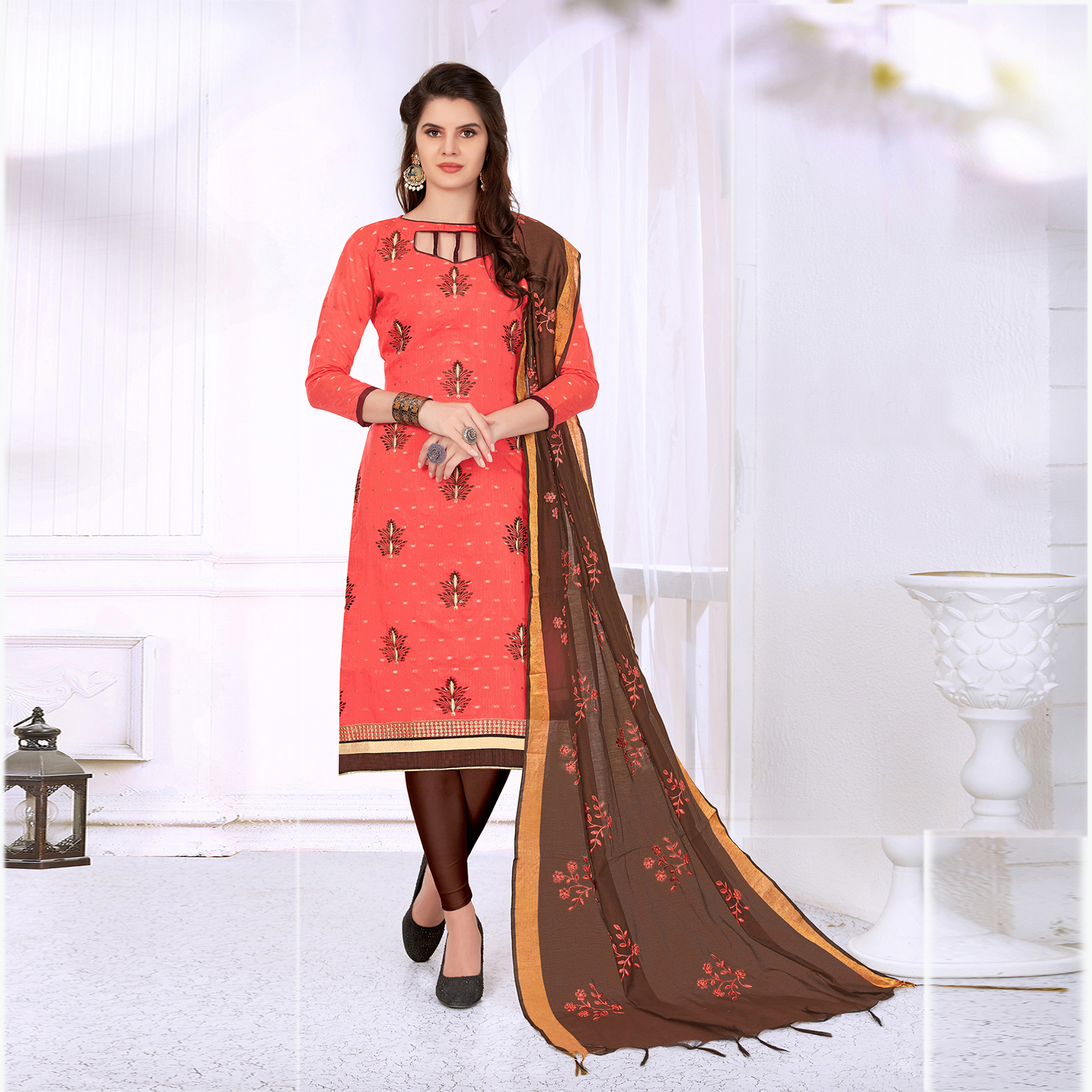 Green And Peach Embroidered Women Dress Material