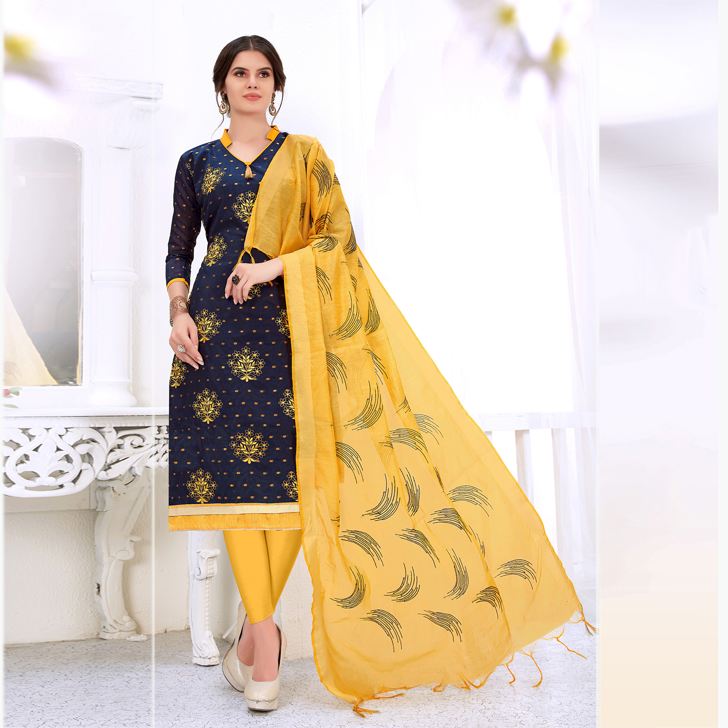 Green And Peach Embroidered Women Dress Material