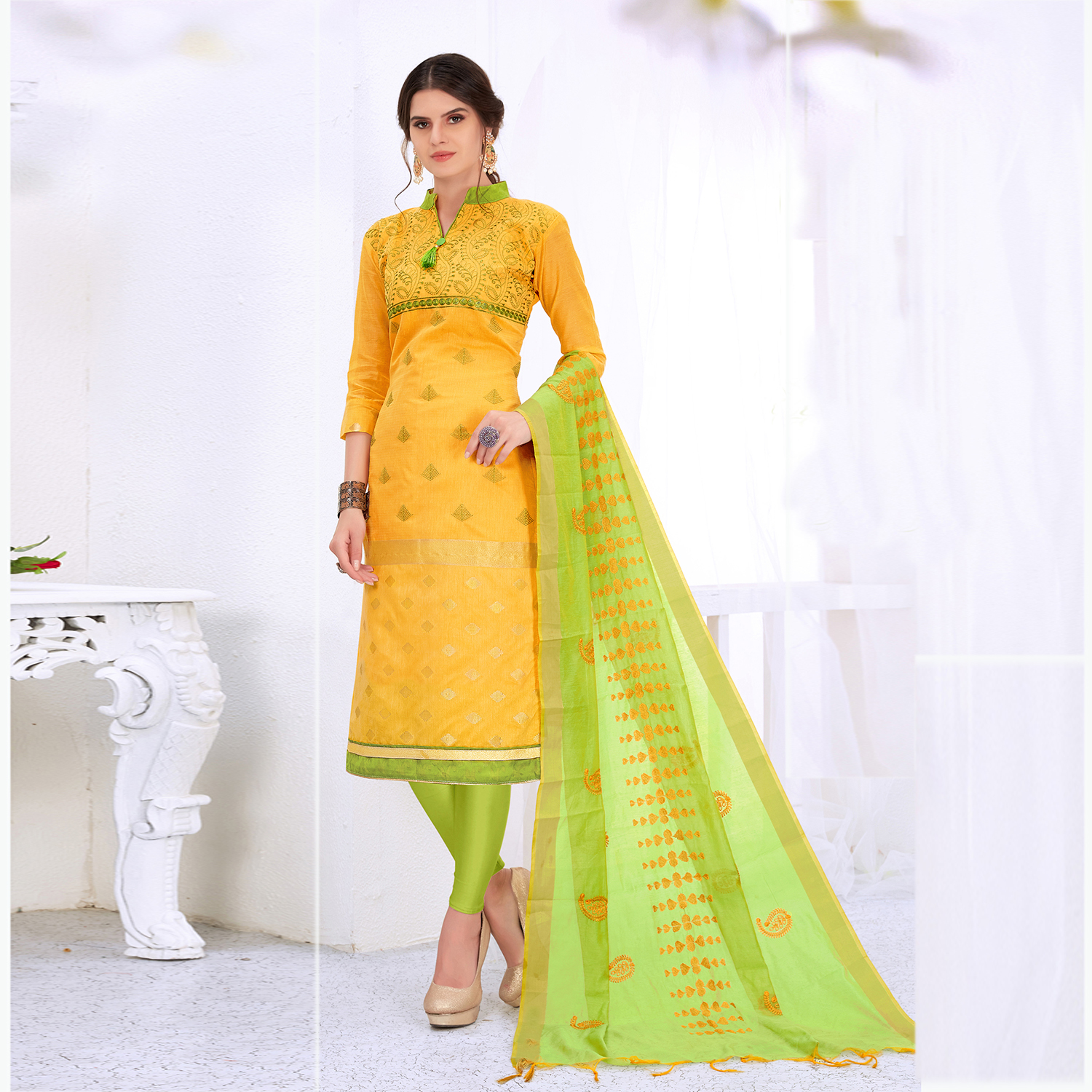 Green And Peach Embroidered Women Dress Material