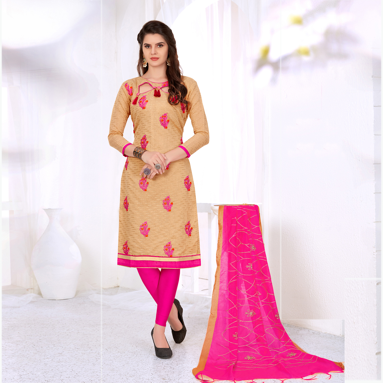 Green And Peach Embroidered Women Dress Material