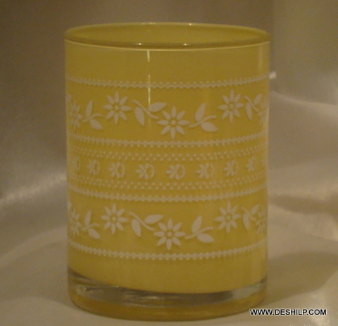 Antique Imitation Yellow Glass With Print T Light Candle Holder