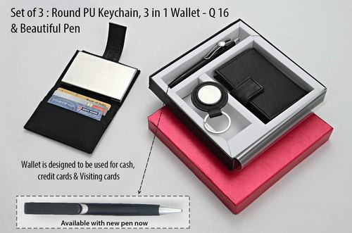 3 का सेट (गोल PU किचेन, 3 इन 1 वॉलेट और सुंदर कलम)