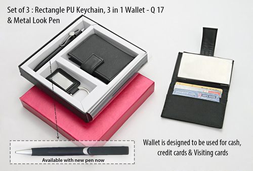 Set of 3 (Round PU Keychain, 3 in 1 Wallet & Metal Look Pen) - Metal Material, 12.7 x 5 Inch Size | Stylish Round Design, Practical for Cash & Cards