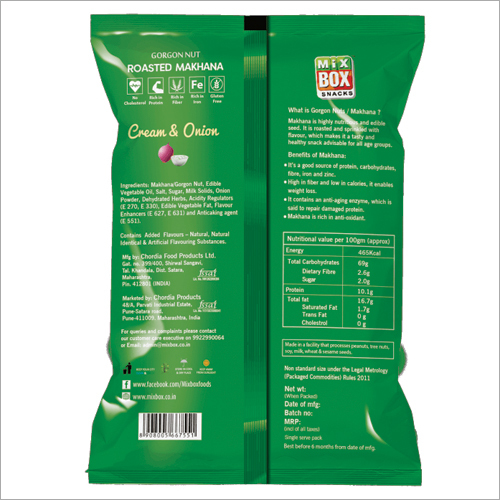 Roasted Makhana Cream & Onion Flavour - Organic Lotus Seeds, 5 Suta Size, Green Air-tight Packaging | Mouth-watering Taste, High In Fiber