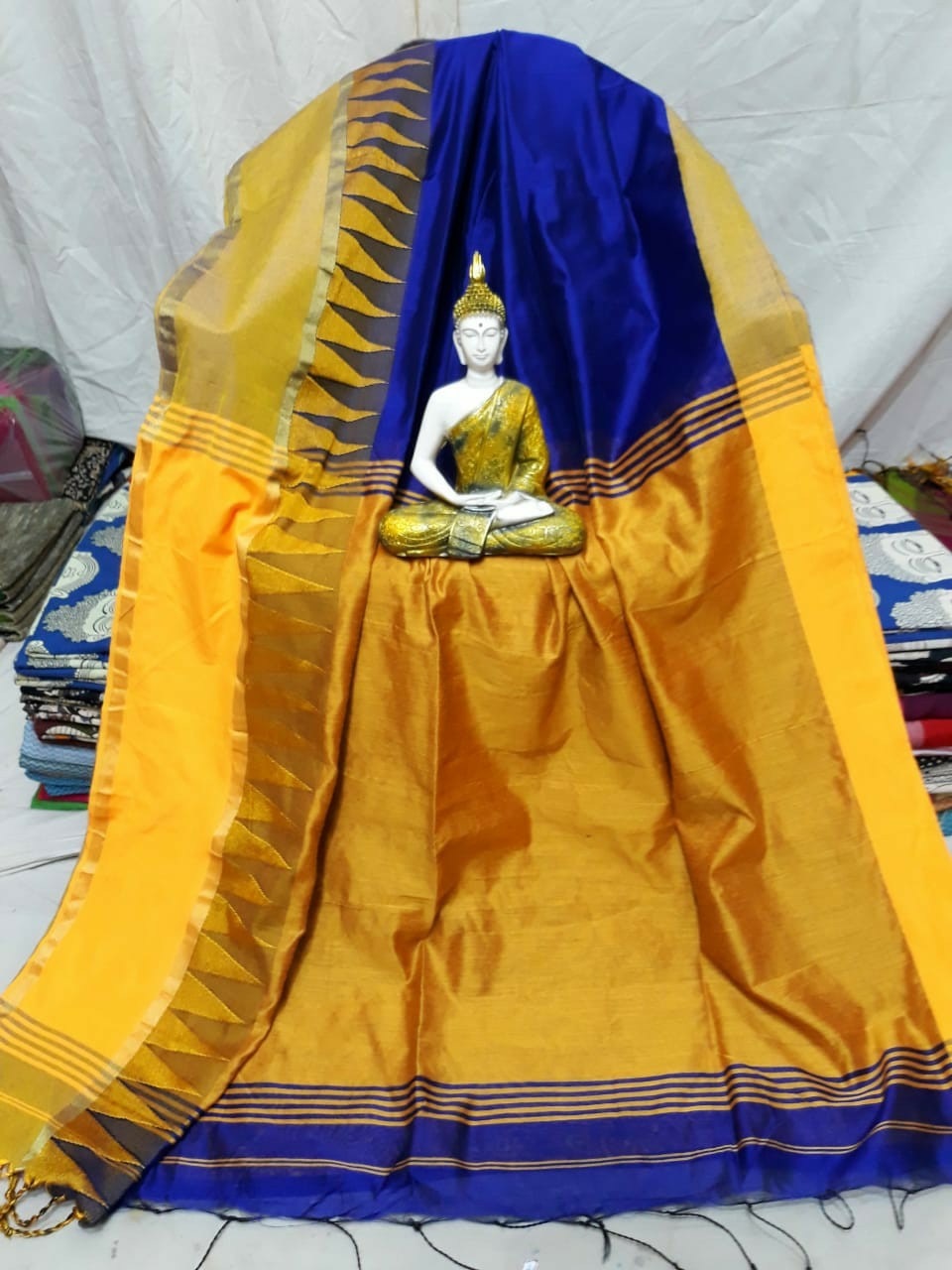 Handloom Cotton Silk Tample Border Saree - Light Weight Cotton Silk, Soothing And Bright Colors, Versatile Draping Styles