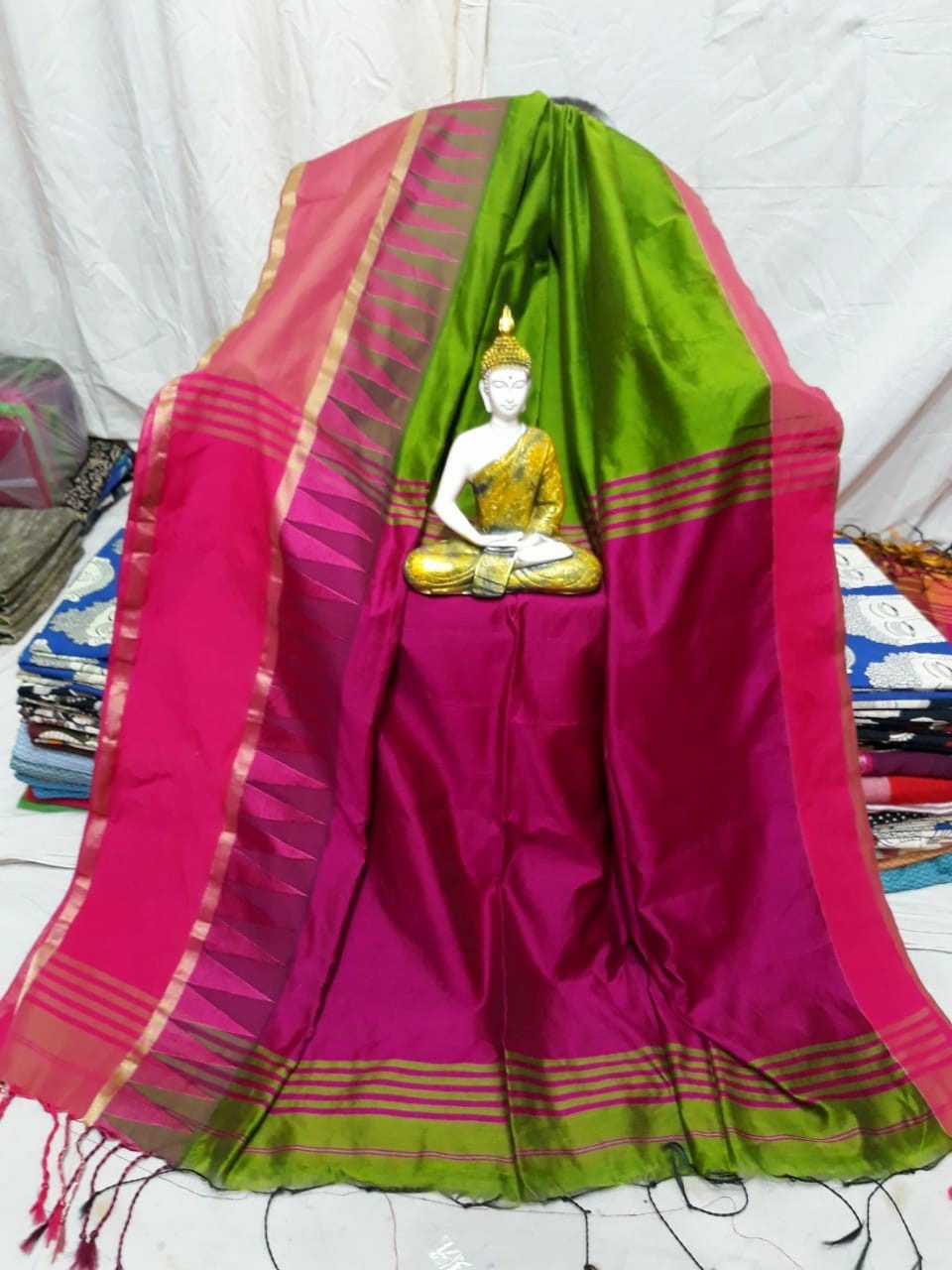 Handloom Cotton Silk Tample Border Saree - Light Weight Cotton Silk, Soothing And Bright Colors, Versatile Draping Styles