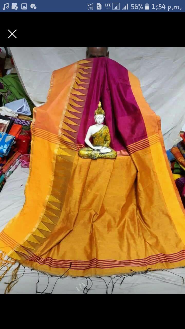 Handloom Cotton Silk Tample Border Saree - Light Weight Cotton Silk, Soothing And Bright Colors, Versatile Draping Styles