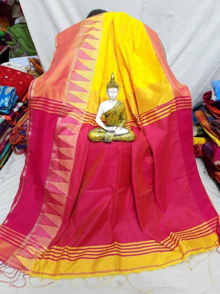 Handloom Cotton Silk Tample Border Saree - Light Weight Cotton Silk, Soothing And Bright Colors, Versatile Draping Styles