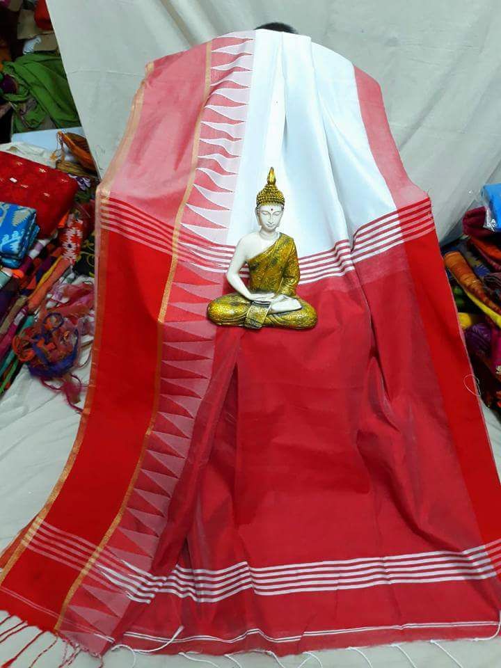 Handloom Cotton Silk Tample Border Saree - Light Weight Cotton Silk, Soothing And Bright Colors, Versatile Draping Styles