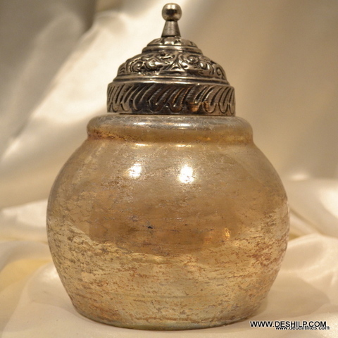 Golden Decorated Colored Glass Jar With Lid