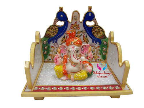 Hand Painted Marble Ganesha with Peacock Design Singhasan
