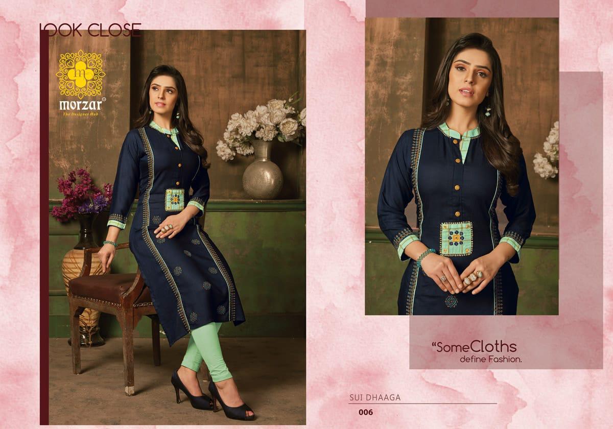 Heavy Rayon Two Tone Kurti - 46 Inch Length, 3-4th Sleeve Style , Block Print With Fancy Buttons And Handwork Highlights, Available In 9 Colors, Quick Dry And Breathable