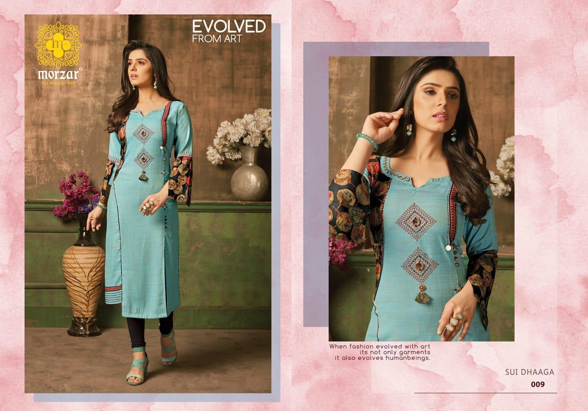 Heavy Rayon Two Tone Kurti - 46 Inch Length, 3-4th Sleeve Style , Block Print With Fancy Buttons And Handwork Highlights, Available In 9 Colors, Quick Dry And Breathable